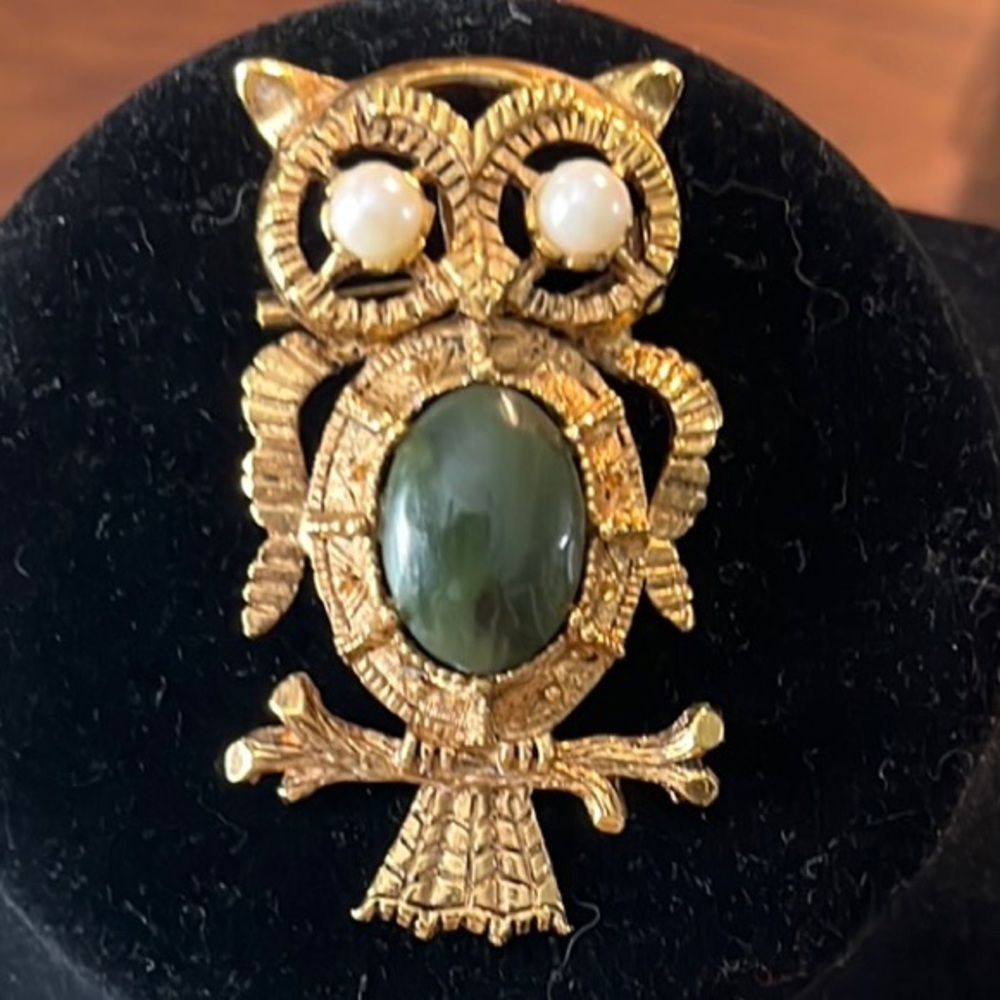 Gold and Green Owl Brooch